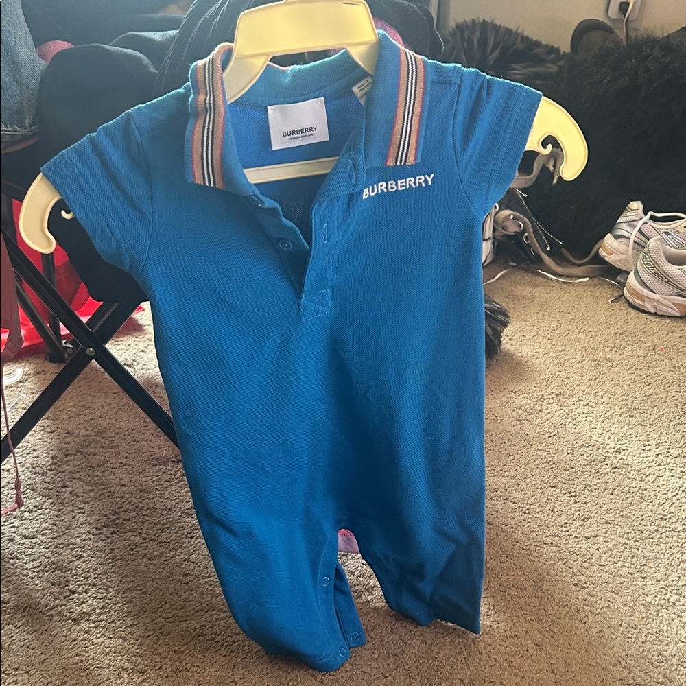 Burberry Kids Polo Romper in Blue with Striped Collar